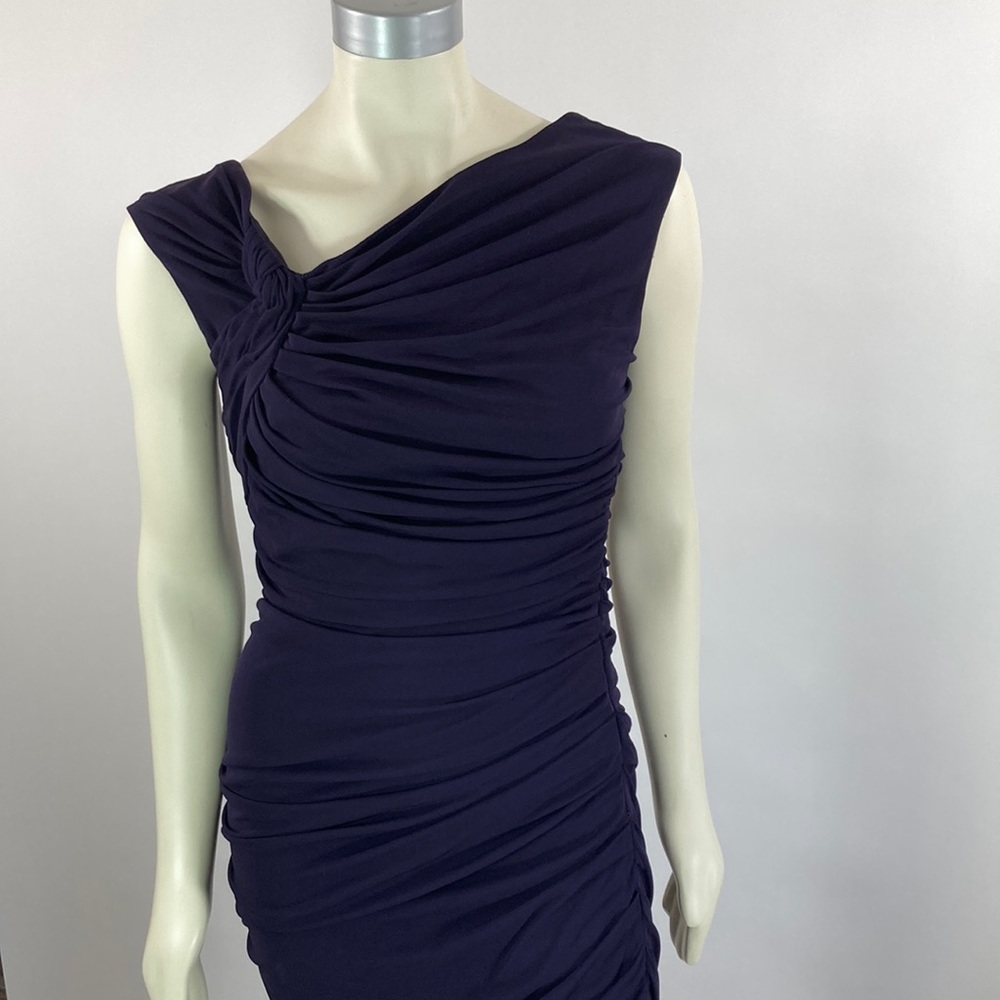 Monique Lhuillier Fitted Dress, Ruched Blue Silk, Midi, zip sz 10 EUC
